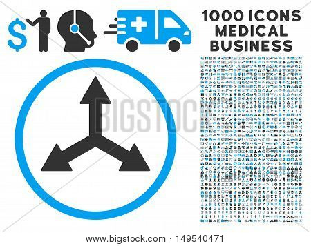 Triple Arrows icon with 1000 medical commerce gray and blue glyph pictographs. Set style is flat bicolor symbols, white background.