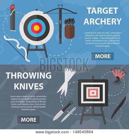 Set of vector flat horizontal banners of archery and throwing knives sport for website and apps. Business concept posters of sale of rare weapons.