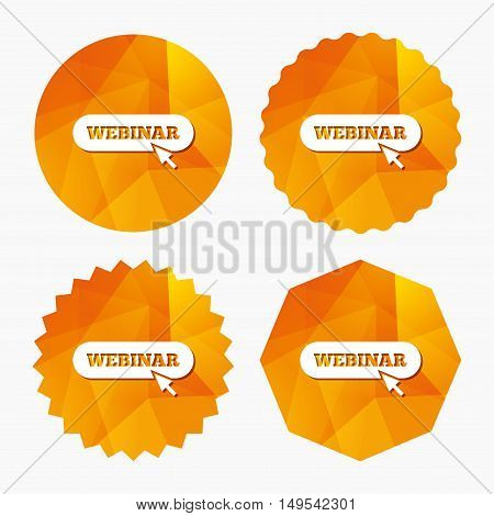 Webinar cursor pointer sign icon. Web study symbol. Website e-learning navigation. Triangular low poly buttons with flat icon. Vector