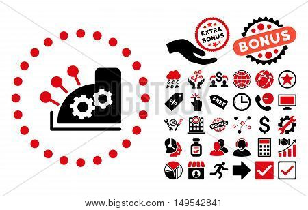 Cash Register pictograph with bonus elements. Glyph illustration style is flat iconic bicolor symbols, intensive red and black colors, white background.