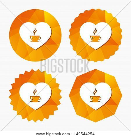 Love Coffee icon. Hot coffee cup sign. Hot tea drink with steam. Triangular low poly buttons with flat icon. Vector