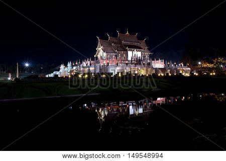 Beautiful Night at golden hall (Ho Kham Luang),the landmark of Chiang Mai.Thailand