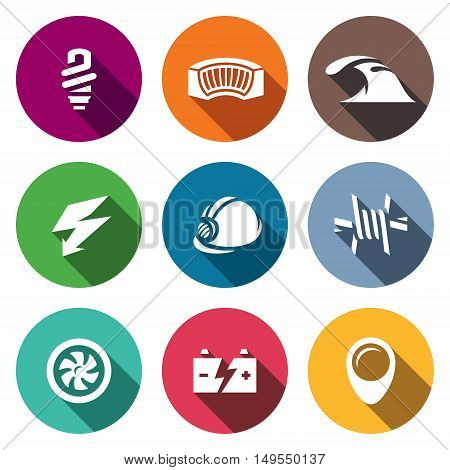 Electricity generation at the expense of water and hydropower work. Icons collection.