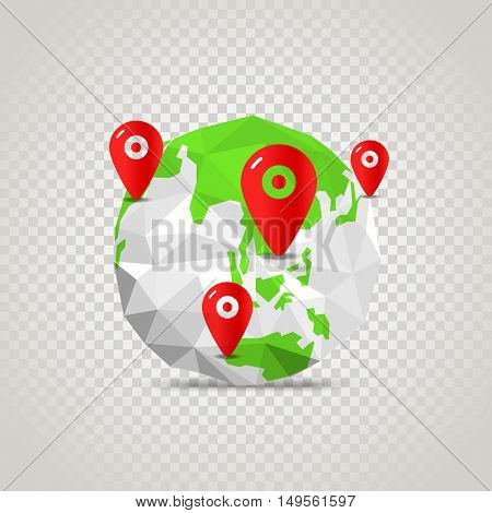 The Earth with abstract World map. Infographic template with pins on transparent background