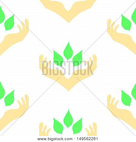 two hands surrounding green leaves, seamless pattern. Сoncept of wellness, protecting nature, also represents concepts like environment protection, spa resorts.