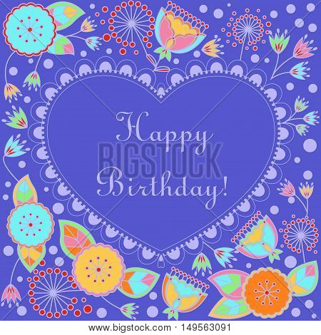 Vector happy birthday card with heart and poppy dandellion bell flowers