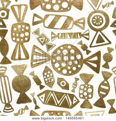 Gold Hand Drawn Illustration. Candy Background. Yummy Dessert Seamless Pattern.