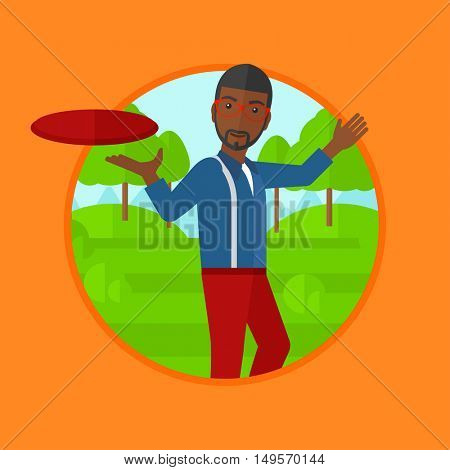 An african-american man playing flying disc in the park. Man throwing a flying disc. Sportsman catching flying disc outdoors. Vector flat design illustration in the circle isolated on background.