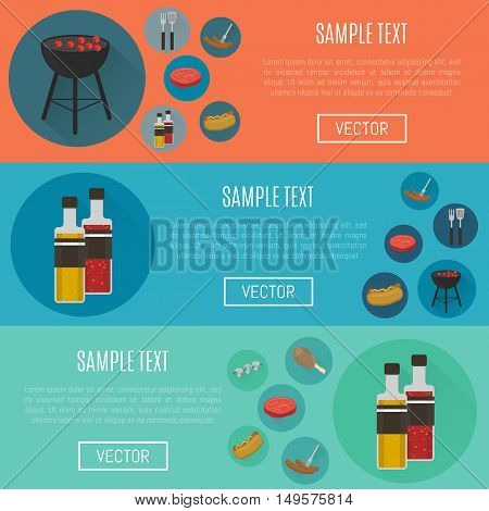 BBQ grill banners template. Barbecue banners with grill and food design elements. BBQ party flyers with space for text. Grill menu layout. Bbq grill concept and bbq grill vector icon. Bbq elements for ad or grill menu. Barbecue process banner.
