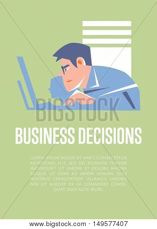 Focused young business people using laptops in office. Business decisions banner, vector illustration on green background. Teamwork concept. Office life. Creative team working on new project.