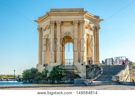 MONTPELLIER,FRANCE - AUGUST 26,2016 - Water Tower of Peyrou garden in Montpellier. Montpellier is the capital of the Herault department and is the 8th largest city of France.
