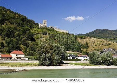 Ruin of the Hinterhaus Castle seen from the Danube River near Spitz Austria