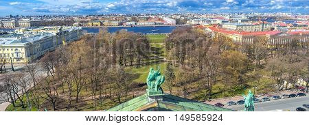 Panorama of the Alexander Garden with Neva river and Vasilyevsky Island on the background from the St Isaac's Cathedral's roof St Petersburg Russia.