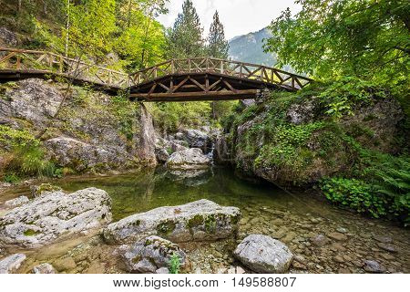 Wooden bridge over a river in the mountains of Olympus. Prionia Greece