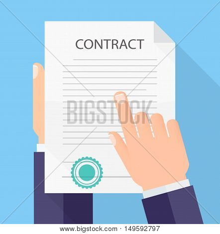 Hands holding and reading contract. Flat style. Business concept. Vector illustration