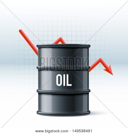 vector illustration of black oil barrel with oil drop isolated on white realistic objects with shadows