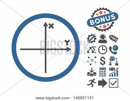 Cartesian Axis icon with bonus clip art. Glyph illustration style is flat iconic bicolor symbols, cobalt and gray colors, white background.