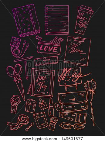 Vector hand drawn fashion set of woman's accessories and cosmetics. Hipster illustration with bag make up tools coffee glasses and hand watch.Hand drawn lineicons set.
