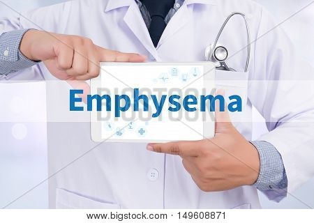 Emphysema Doctor holding digital tablet doctor work hard top view  concept