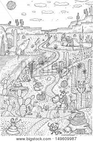 Wild life in desert drawn in line art style. Coloring book page design. Vector Illustration