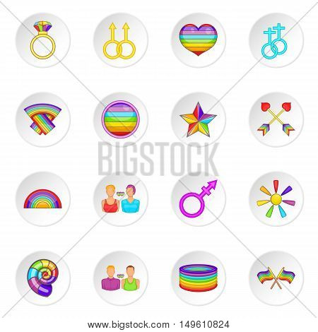 Homosexual icons set in cartoon style. Rainbow lgbt symbols set collection vector illustration
