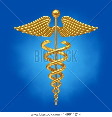 Gold Medical Caduceus Symbol on a blue background. 3d Rendering