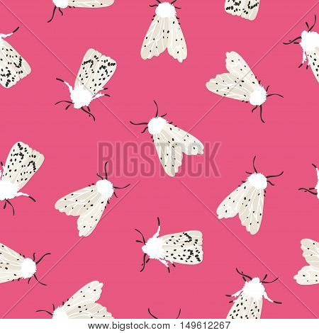 Unusual hipster seamless pattern with clothes moth. Vector pink background with insects.