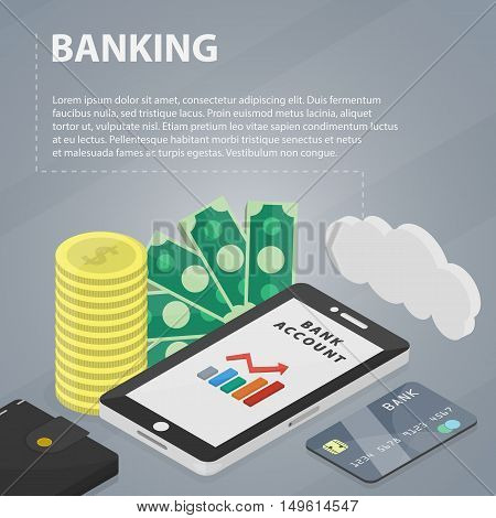 Vector isometric banner of banking and marketing for website, apps and infographic. Business concept poster of economy, commerce and finance.