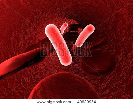 View inside blood vessel in patient with bacteriemia. 3D illustration. Bacteria in blood