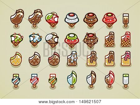 Big set of 28 colorful bitten ice creams