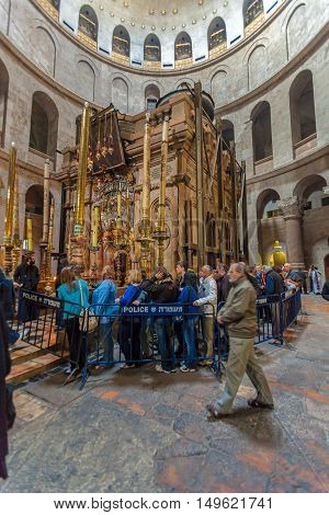 Jerusalem, Israel - February 17, 2013: Tourists Waiting In Rows To Enter Aedicule In Church Of The H