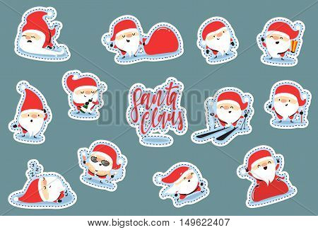 Santa Claus characters of Christmas. Quirky cartoon patch cute sticker flat. Christmas set patches. Funny Santa Claus cartoon character with different emotions.