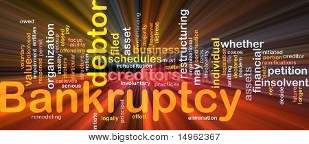 Word cloud concept illustration of financial bankruptcy glowing light effect