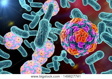 Bacteria and viruses on colorful background, 3D illustration