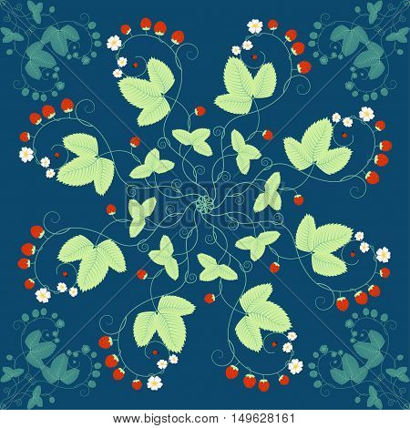 Illustration of berries and flowers on the stems of strawberries. Seamless background with circles and corners.