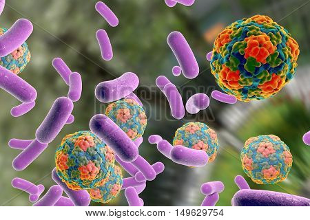 Bacteria and viruses on colorful background, 3D illustration