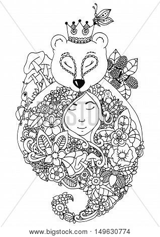 Vector illustration zentangl bear and the girl in flowers the forest. Doodle floral drawing. A meditative exercises. Coloring book anti stress for adults. Black and white.