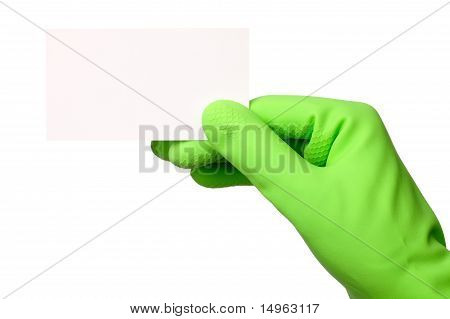 De la mano de verde guante mostrando tarjetas