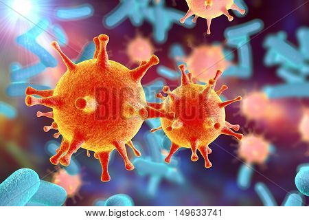 Bacteria and viruses on colorful background, 3D illustration