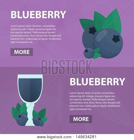 Vector flat banners of blueberry for website. Business concept of drink cafe menu and natural food. Illustration of bilberry and juice in the glass.
