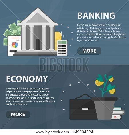Vector flat horizontal banners of banking and economy for website and infographics.