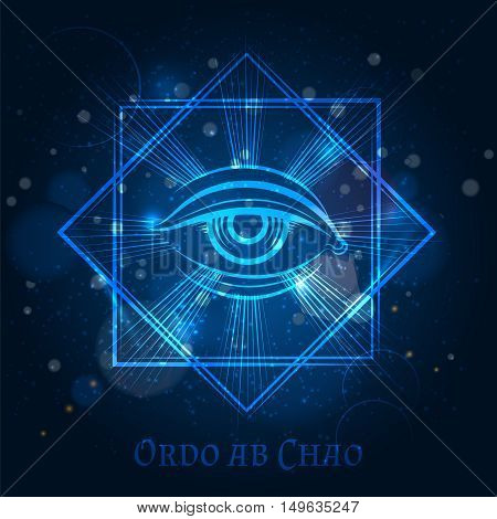 Mystical mason sign with eye on blue shining background. Vector illustration