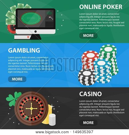 Vector flat horizontal banners of online poker and casino for website. Business concept of gambling market and games of chance.