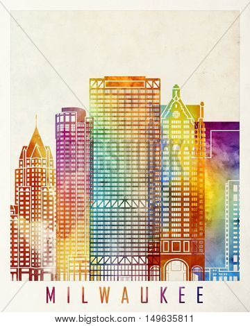 Milwaukee landmarks in artistic abstrack watercolor poster