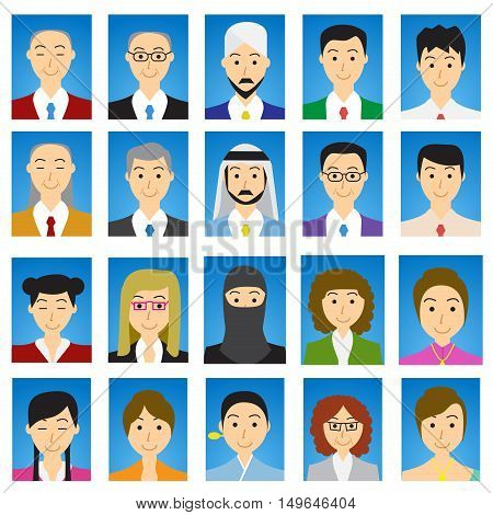 Close up Headshot People in flat style with blue gradient background