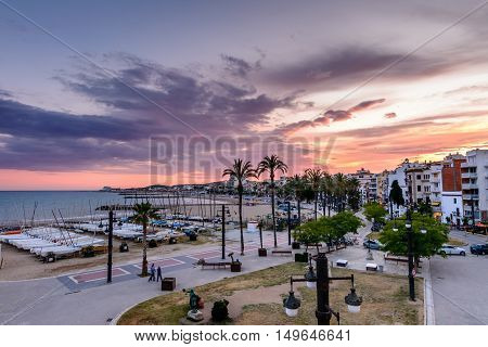 Sitges, Spain - June 10: View With Spain Beach And Promenade Area On June 6, 2016 In Sitges, Spain.