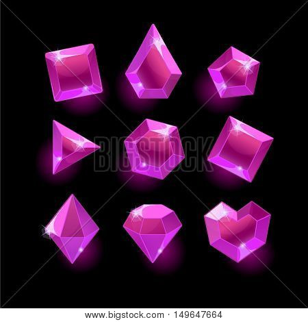 Set of cartoon purple, pink different shapes crystal, gemstones, gems, diamonds vector gui assets collection for game design.isolated vector elements.Gui elements, vector games assets.menu for mobile games
