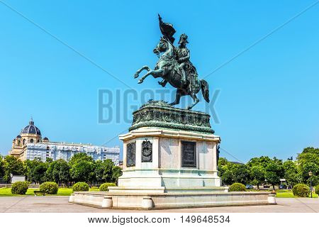 Equestrian statue Archduke Charles (Erzherzog Karl) on Heroes (Heldenplatz) square the end of 1859. Vienna Austria