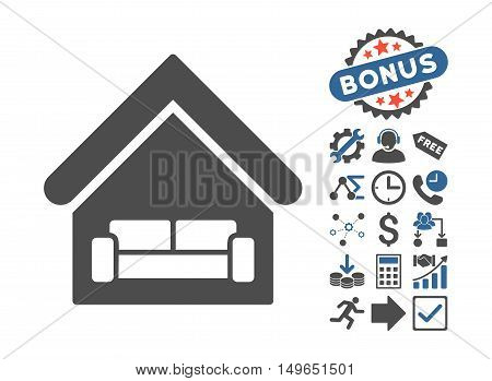 House Interrior pictograph with bonus images. Glyph illustration style is flat iconic bicolor symbols, cobalt and gray colors, white background.