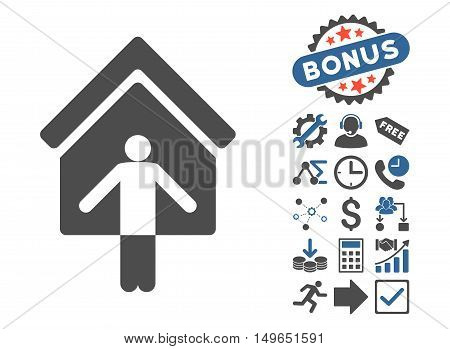 House Owner Wellcome icon with bonus clip art. Glyph illustration style is flat iconic bicolor symbols, cobalt and gray colors, white background.